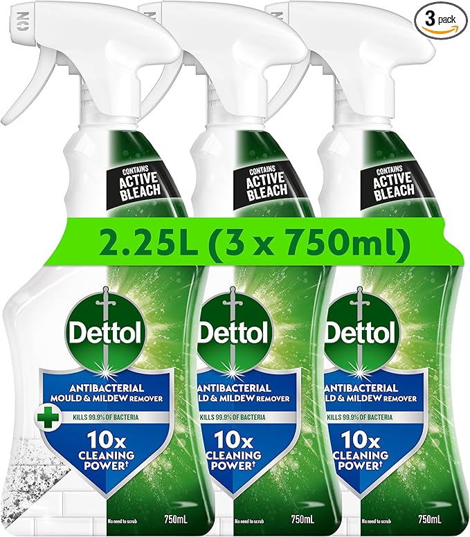 Dettol Mould Remover, Multipack of 3 X 750ml, Total 2.25L, Mould And Mildew Remover, Mould Spray, Bleach Spray, Bathroom Mould Remover, Antibacterial, Disinfectant, Household Cleaners