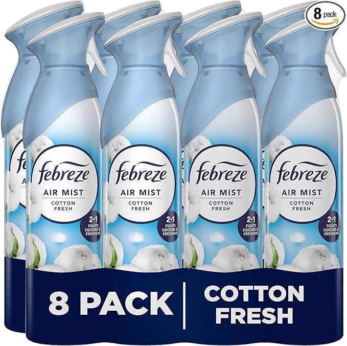 Febreze Air Freshener for Room Spray & Bathroom, Cotton Fresh, 185ML x 8 Packs, Air Fresheners for Home
