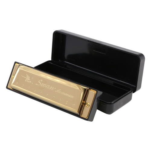 Swan Harmonica 10 Holes Key of C GOLDEN with Case Blues Harp