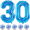 40 Inch Number 30 Foil Balloons, Large Digital 30th Birthday Balloons with Blue Confetti Helium Balloons, Number 0 and 3 Helium Balloons, Self Inflating for Men Women,