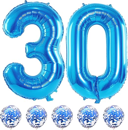 40 Inch Number 30 Foil Balloons, Large Digital 30th Birthday Balloons with Blue Confetti Helium Balloons, Number 0 and 3 Helium Balloons, Self Inflating for Men Women,