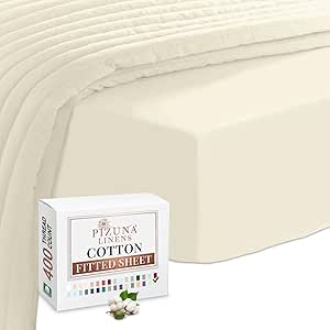 Pizuna Pure Combed Cotton Queen Fitted Sheet 160x200 cm New Ivory, 400 Thread Count, Cool Luxury Soft 100% Long Staple Cotton Sateen Weave, 40cm Deep Pocket (1PC)