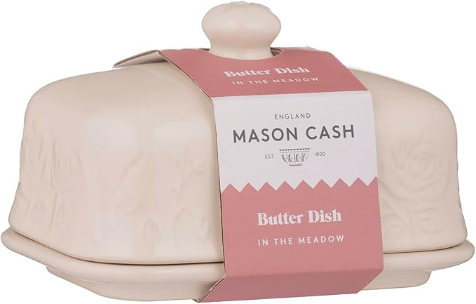 Mason Cash In the Meadow Butter Dish Embossed Floral Design, Durable Stoneware, Airtight Lid – Holds Up to 500g of Butter – Classic Kitchen & Tabletop Storage (9cm H x 15.6cm L x 10.6cm W)