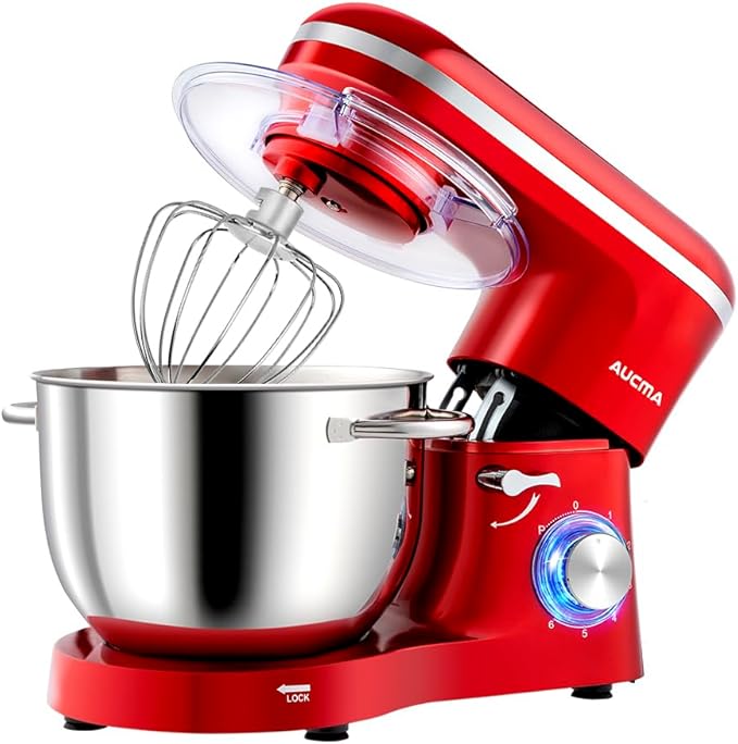 Aucma Stand Mixer, 6.2L Food Mixer 1400W Tilt-Head Electric Kitchen Mixer with Dough Hook, Wire Whip & Beater， 2 Layer Red Painting (6.2L, Red)
