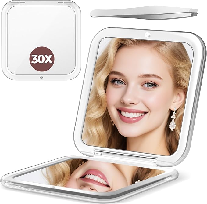 Compact Mirror, 30X Magnifying mirror for Purses, Small Makeup Mirror with 1X/30X Magnification, Portable Travel Mirror for Women, White