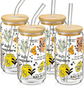 Glass Cups with Lids and Straws with Design 4 pcs（Daily Reminder）,Clear Glass Cups 16 oz-Glass Tumbler,Cute Design Glass Iced Coffee Cups Mental Health Positive