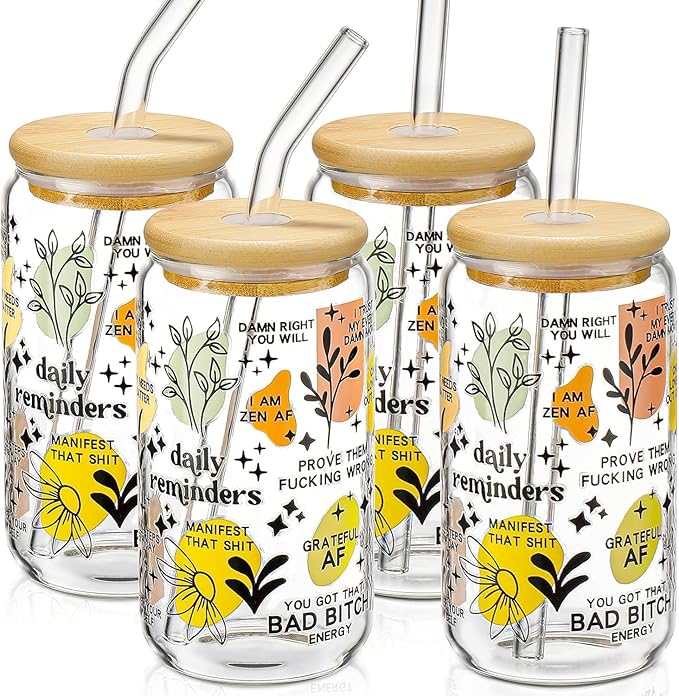 Glass Cups with Lids and Straws with Design 4 pcs（Daily Reminder）,Clear Glass Cups 16 oz-Glass Tumbler,Cute Design Glass Iced Coffee Cups Mental Health Positive