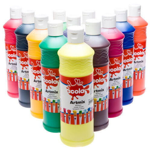 Artmix Scola AM600/12/A Tempera Paint 12x600ml Assorted â€“ Ready-Mixed, Water-Soluble, Inter-Mixable, Non-Toxic