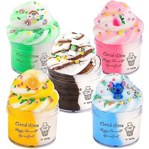 Cloud Slime Kit 5 Pack, with Stitch Peachybbies Rainbow Lemon Coffee Slime Charms, Fluffy Slime for Girls and Boys, Stress Relief Toy for Kids