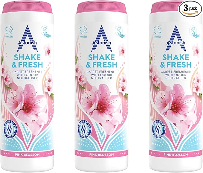 Astonish Shake & Fresh Carpet Freshener, Eliminates Odours, Pink Blossom, 3 x 350g