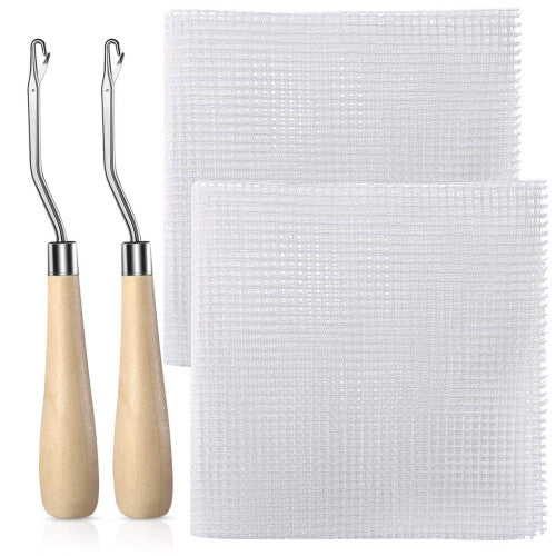 2Pcs Blank Rug Hooking Mesh Latch Hook Canvas Kit with 2 Pcs Wooden Bent Crochets for DIY Tapestry (19X19 Inch)