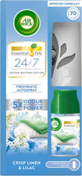 Air Wick Automatic Air Freshener Freshmatic Spray Kit, Crisp Linen & Lilac, 1 Gadget & 1 Refills (250ml), Natural Essential Oils, Last up to 70 Days, Air freshener