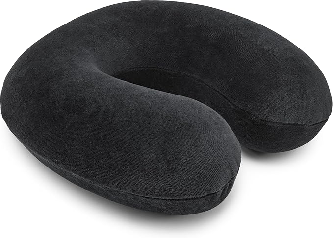 Amazon Basics Semicircular Memory Foam Travel Neck Pillow with Removable Cover and Elastic Carrying Strap, Black