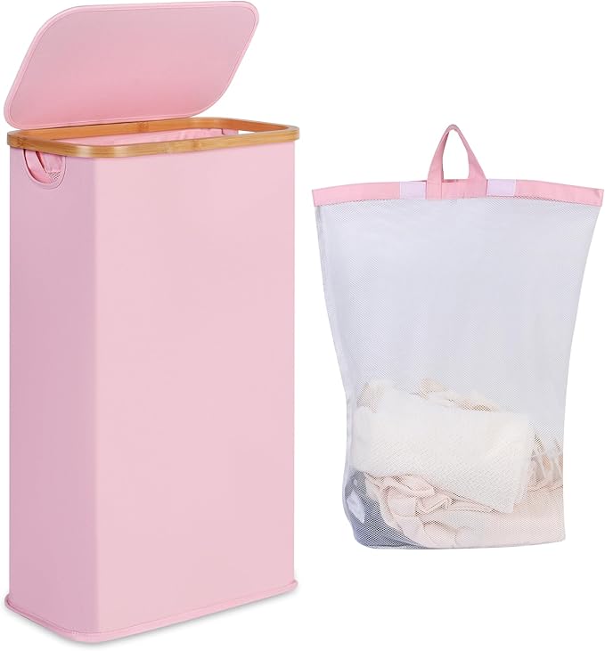 Laundry Bakset with Lid 75L, Washing Baskets for Laundry with Washable and Removable Inner Bag, Slim Laundry Hamper for Drity Cloth Toys Towels Storage (Pink)