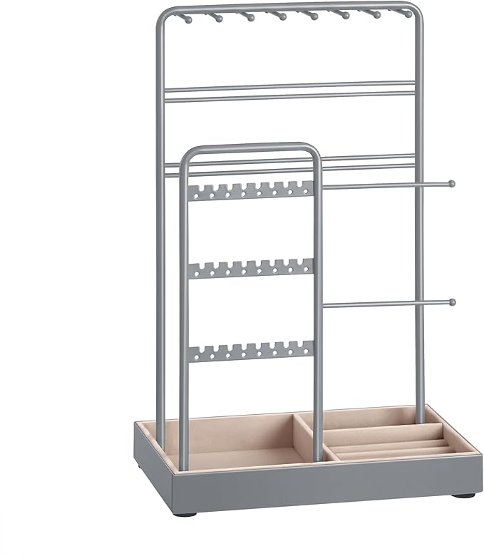 SONGMICS Jewellery Stand, Jewellery Organiser, Jewellery Display Stand with Metal Frame and Velvet Tray, Earring Bracelet Holder, Necklace Stand, for Studs, Rings, Gift Idea, Dove Grey JJS021G01