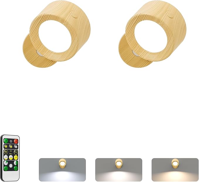 LED Wall Reading Lights with Remote, 2 Pcs Rechargeable Wall Mounted Reading Sconces Lamp 3000mAh, 3 Colors & Dimmable Magnetic 360° Rotation Wall Lighting Spotlights for Bedroom Bedside, Burlywood[Energy Class G]