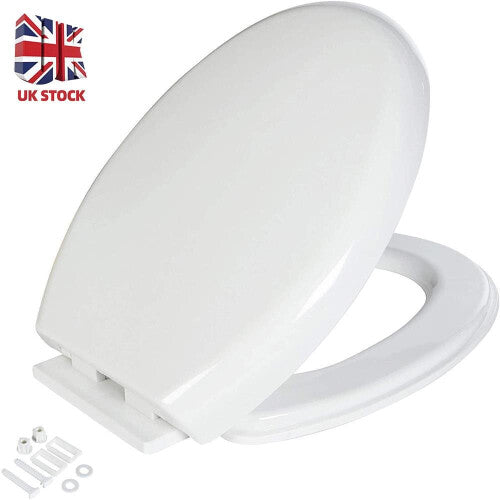 Toilet Seat Round with Non-Slip Seat Bumpers, Universal Quiet-Close Toilet Lid, Never Loosen and Easy to Install, Durable Plastic, White, Fits Standar
