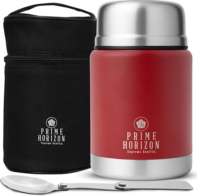 Prime Horizon Food Flask - 500ml Stainless Steel Vacuum Double Wall Jar with Folding Spoon, Leakproof and BPA Free. Free Insulated Travel Bag with Carabiner and Gift Box (Red)