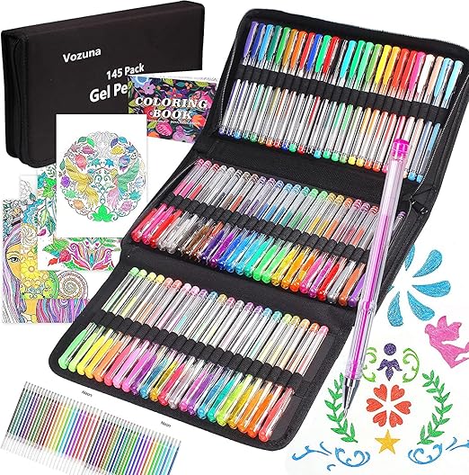 145 Pack Glitter Gel Pens Set 72 Unique Colours & 72 Refills with 1 Colouring Book for Kids Adult Colouring Books Drawing Doodling Crafts Scrapbooking
