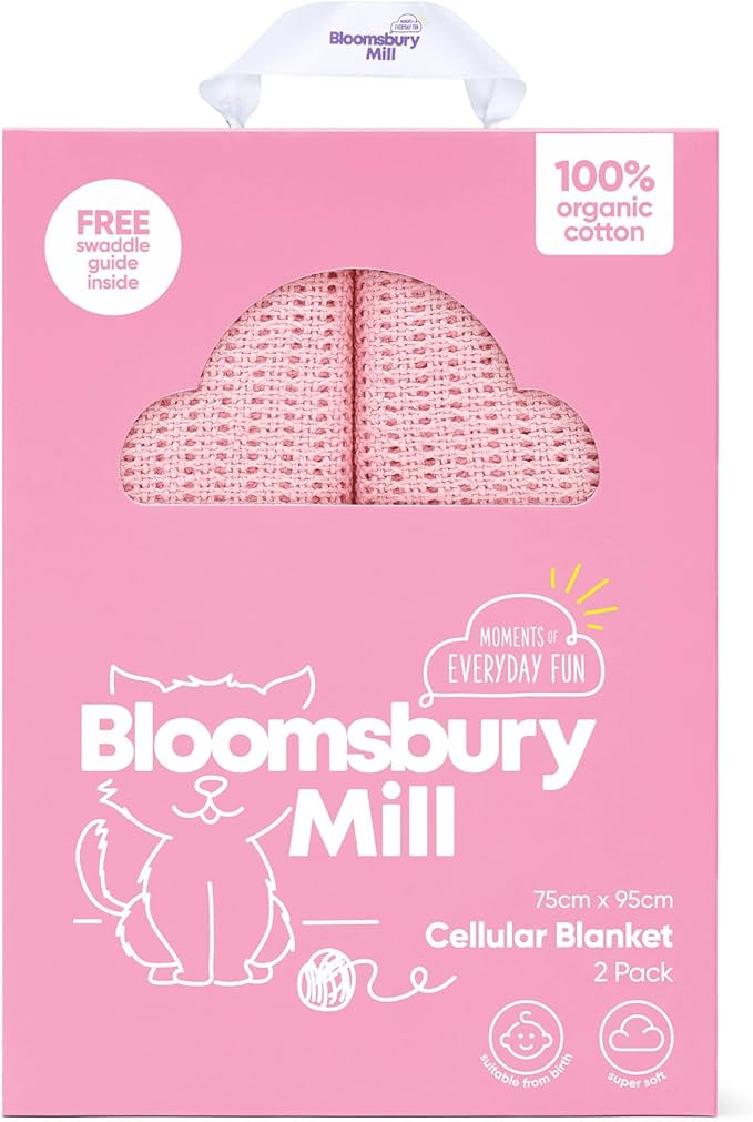 Bloomsbury Mill - Cellular Blankets Baby - Soft 100% Organic Cotton Baby Blanket - Pack of 2 - Essentials For Newborn - Ideal for Cot Bed, Travel, Car Seat, Pram, Moses Basket - Pink 75x95cm