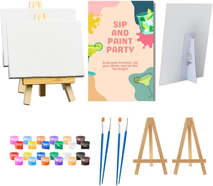 Sip and Paint Party Kit for Adults - Set of 2 Canvas Painting Supplies for Date Night, Couples, Friends, or Family - Includes Paints, Brushes, Easels, Party Decoration - Fun DIY Home Activity