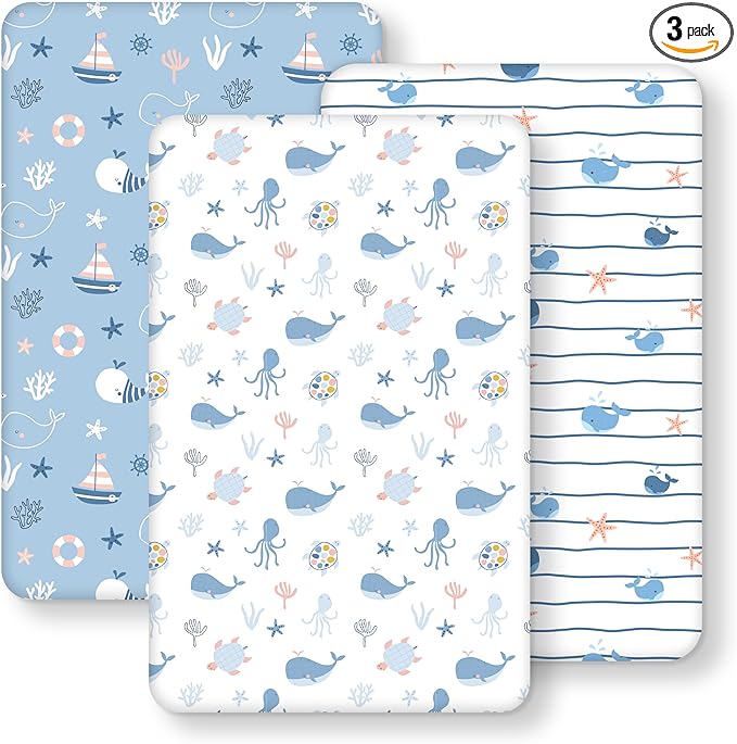 Next to Me Crib Sheets 85x51cm Fitted, 3 Pack Baby Cot Sheets, Ultra Soft & Silky Smooth Microfiber Bedside Crib Fitted Sheets Blue Ocean Whale