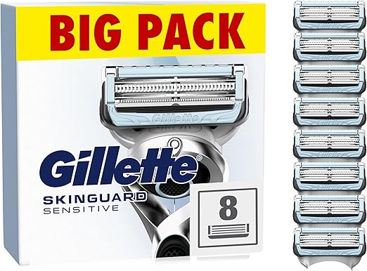 Gillette SkinGuard Sensitive Razor Blades Men, Pack of 8 Razor Blade Refills with Precision Trimmer, Fits All Skinguard ProGlide ProShield and Fusion5 Gillette Razors for Men Handles