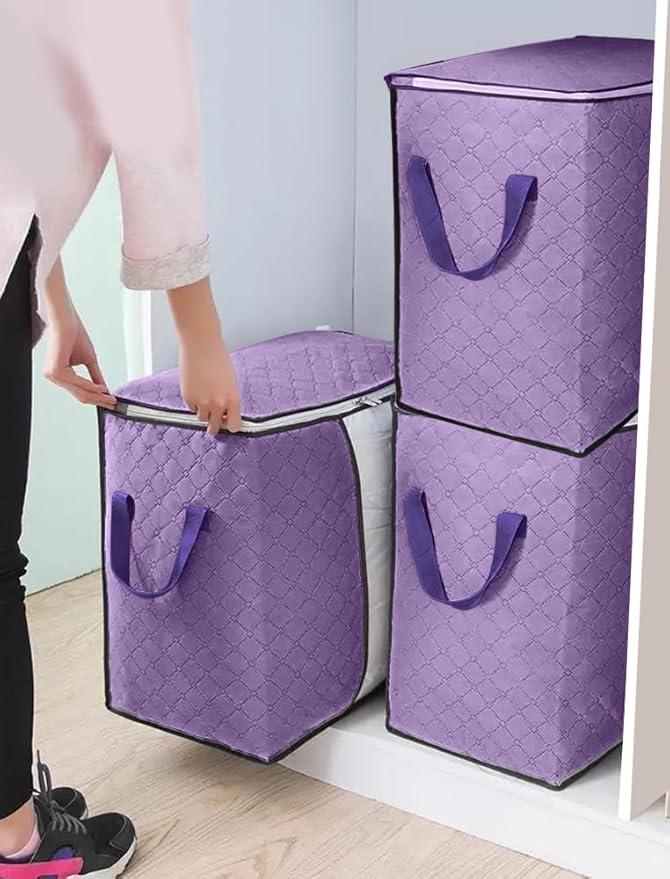 Robust Storage Bags with Zipper, Waterproof, for Moving and Travel, Foldable, Reinforced Handles for Clothes, Bedding, Blankets, Space-Saving, Vertical Style, Purple, 3 Pieces