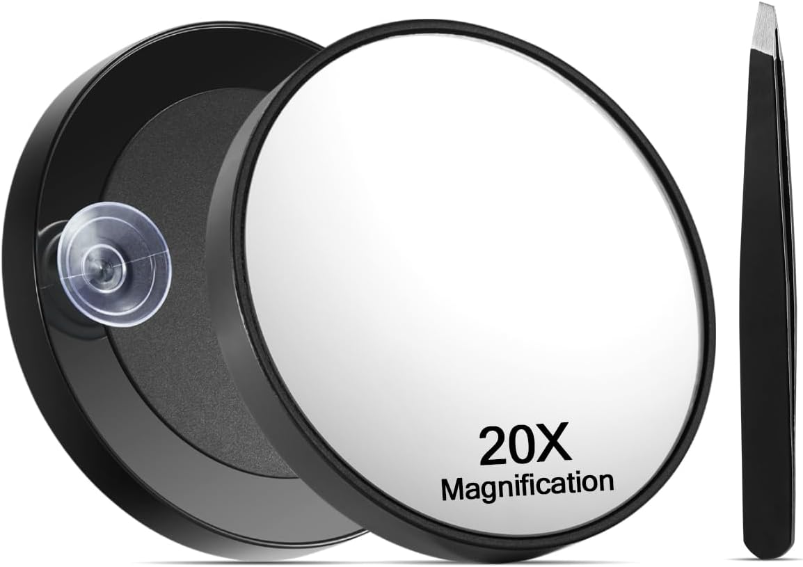 20X Magnifying Mirror with Suction Cups and Tweezers Set, 3.5 inches Magnified Makeup Mirror, Black, 1PC