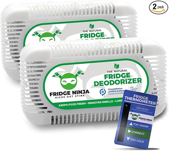 Fridge Ninja Fridge Deodoriser and Freshener - Natural & Unscented Activated Charcoal, Lasts Up to 12 Months, Odour Eliminator, Smell Remover & Scent Absorber, Fridge Accessories for Freshness, 2 Pack