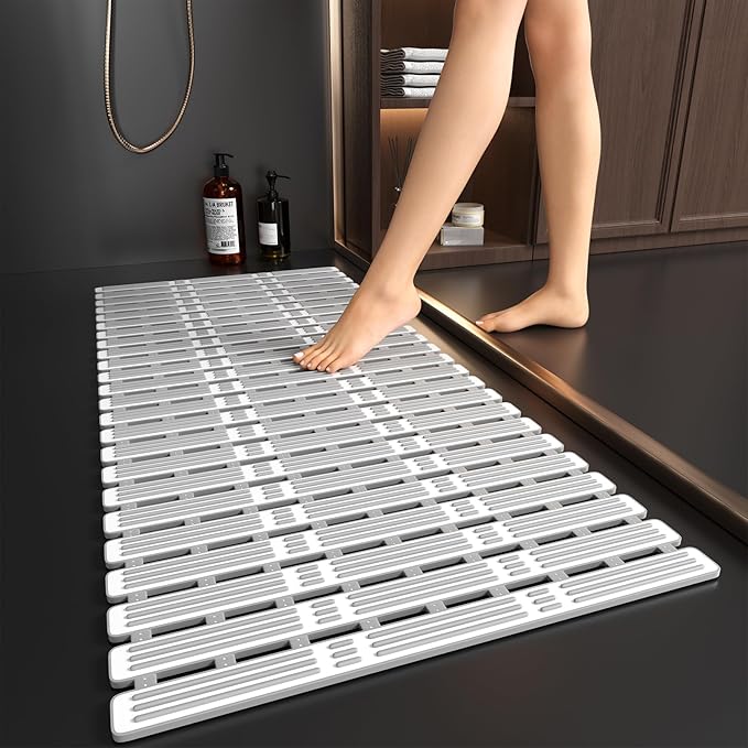 XIYUNTE Large Shower Mat Non Slip Anti Mould for Elderly- 90x40cm TPE Bath Mat Non Slip Shower Mats for Inside Shower, Anti Slip Shower Mat with Suction Cups, Rubber Bath Mat, Cut to Size, Grey