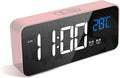 LATEC Digital Bedside Clock with Big LED Temperature Display, 10 Alarm Sounds USB Charging Port 4 Levels Adjustable Brightness Dimmer Snooze Portable Mirror Dual Alarm Pink