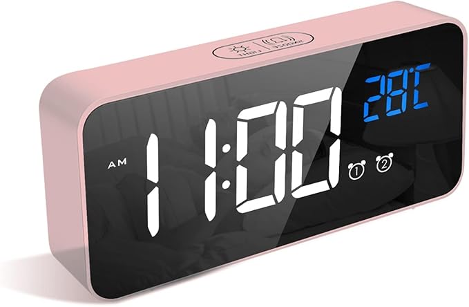 LATEC Digital Bedside Clock with Big LED Temperature Display, 10 Alarm Sounds USB Charging Port 4 Levels Adjustable Brightness Dimmer Snooze Portable Mirror Dual Alarm Pink