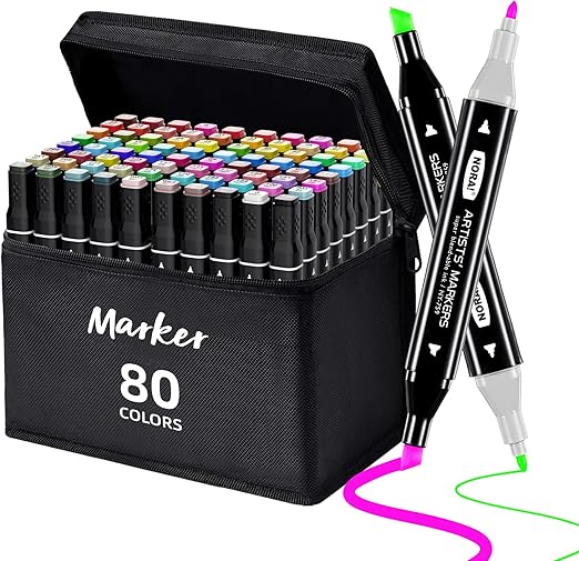 80 Alcohol Markers Set, Dual Tip Colouring Pens for Drawing, Manga, Anime, Felt Fine Tip Fast-Drying Art Marker Pens for Adults, Artists-Grade Art Supplies with Carrying Case