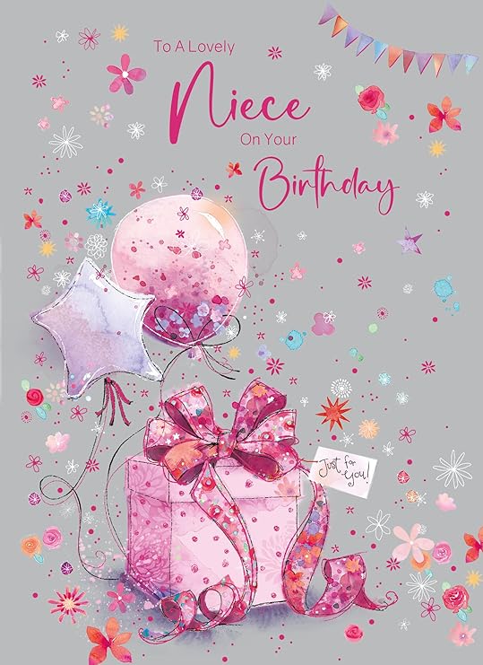 Cherry Orchard | NIECE Birthday Card | Pink Presents & Balloons | Confetti & Stars | Complete with Envelope