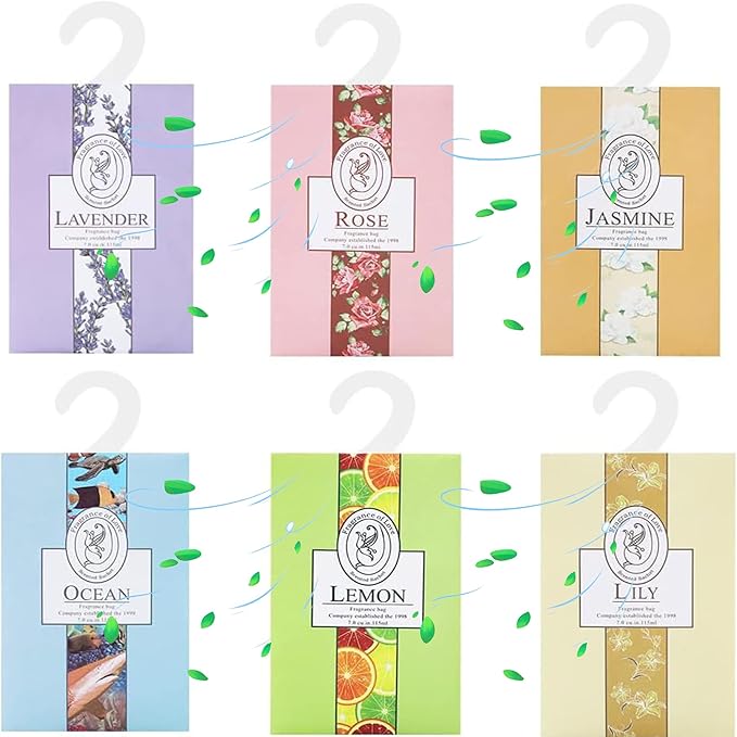 6pcs Sachets With Hanging Sachets Wardrobe Closet Room Wardrobe Fresheners Bathroom Cart, Aromatherapy Bag, Natural Mothproof Agent, Lasting Fragrance(Jasmine, Rose, Lavender, Lily, Ocean, Lemon)