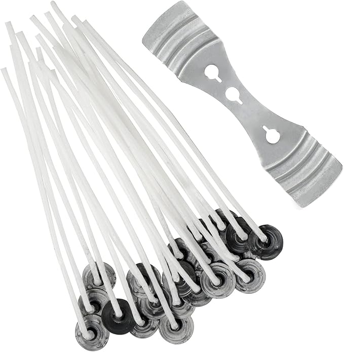 Candle Wicks for Making Candles 20 Pcs 10cm Long Pre-Waxed with Metal Tabs Includes Stainless 3 Hole Wick Holder, Long Burn Time Perfect for Home and DIY Candles
