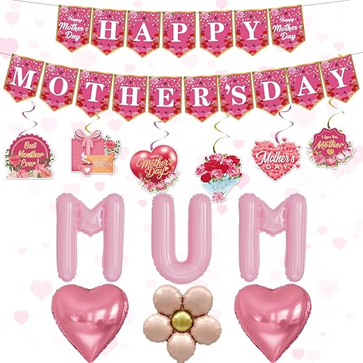 Mother's Day Decorations - Happy Mothers Day Banner Bunting with Mothers Day Hanging Swirl, Pink Heart Flower Mum Foil Balloons for Mother's Day Party Supplies, Best Mum Gifts for Mother Day