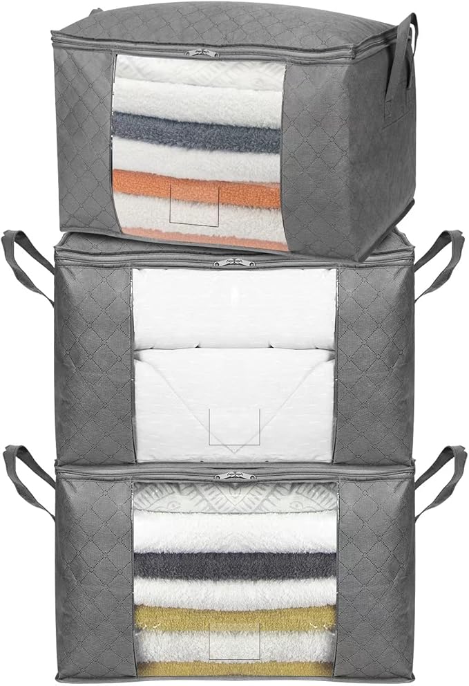 Amazon Basics Foldable Storage Bag Organizers With Large Clear Window & Carry Handles, Zippered Cubes, 3-Pack, Grey