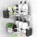 Corner Shower Caddy 2 Pack - Bathroom Storage No Drilling With Soap Holder, Hooks and Toothpaste Holders for Kitchen - Rustproof Stainless Steel Suction Accessories, Silver