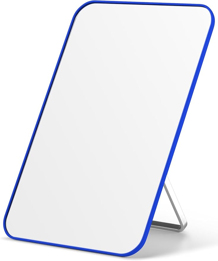 OMIRO Desk Makeup Mirror, 20 x 14cm Table Mirror with Foldable Stand and Hanging Hole for Shaving and Travelling, Blue