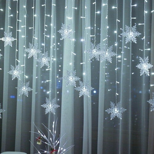 (UK-Plug, Cool White) Christmas Curtain Fairy String Lights Snowflake LED Window Home Decor Xmas Party
