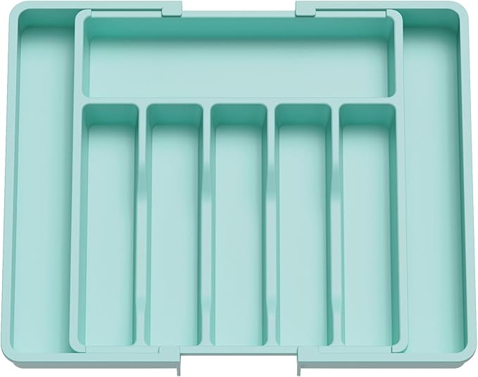 Lifewit Extendable Cutlery Drawer Organiser, Adjustable Cutlery Tray, Plastic Adjustable Kitchen Storage Dividers for Utensil Spoons Forks Knives, 8 Compartments, 33-57 x 38cm, Turquoise
