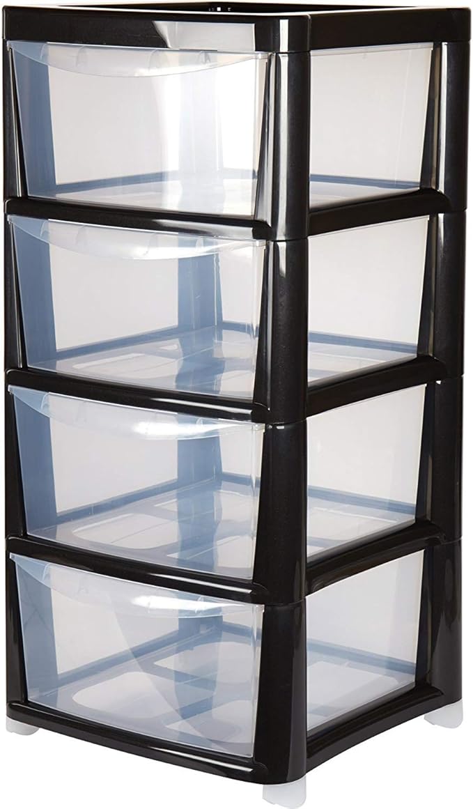 4 Drawer Large Plastic Storage Drawer Tower - Black - Perfect for Schools,Offices and Children's Toys