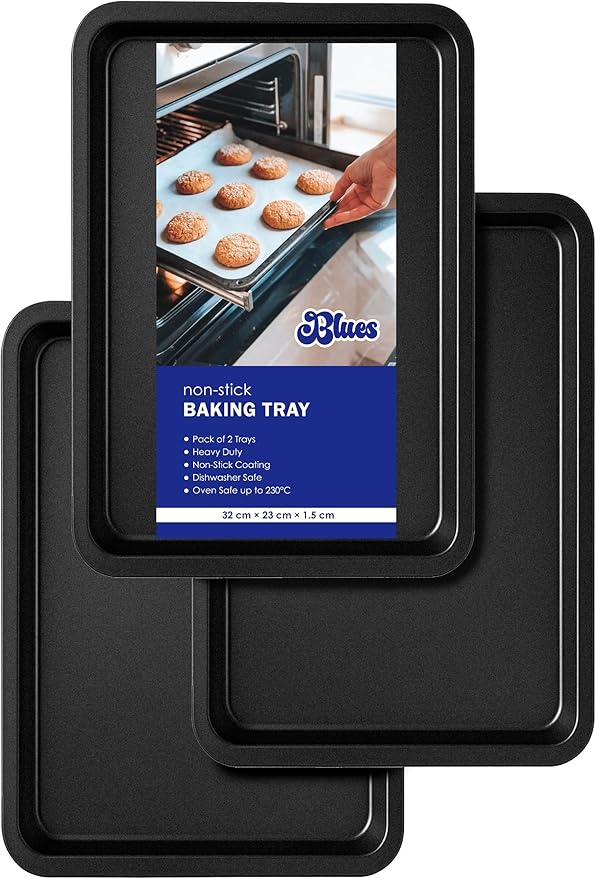 Baking Tray Set of 3 Non Stick 32 cm – Oven Tray, Heavy Duty Baking Sheet, Easy Clean Roasting Tin, Dishwasher Safe Bakeware by BLUES®