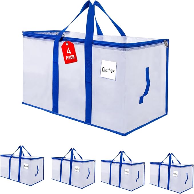 Moving Bags 105 L, 4-Pack Storage Bags with Zipper & Handles, Reusable Moving Boxes Alternatives, Moving Totes, Clear Packing Bags for Travel Duffle College Dorm or Christmas Tree