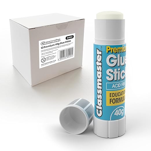 Show-me Classmaster Premium Educational 12 Glue Sticks of 40 g, Classroom use, Arts and Crafts, Safe for Children with Non-Toxic PVP Glue and is a Washable Formula