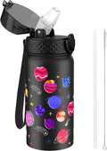 GOPPUS 420ml/14oz Kids Insulated Water Bottle with Straw Cute Double Wall Stainless Steel Child's Small Flask Vacuum Insulated Steel Metal Leak Proof Drink Flask Boys Toddler Girls Bottles BPA-Free