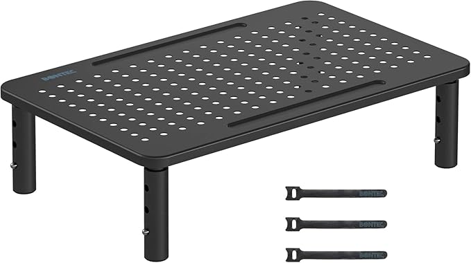 BONTEC Adjustable Monitor Stand, Ergonomic Metal Riser with 3 Height Levels (100/120/140mm), Ventilated Mesh Surface, Up to 20KG Weight Capacity, Cable Management, Laptop & Computer Monitor Riser