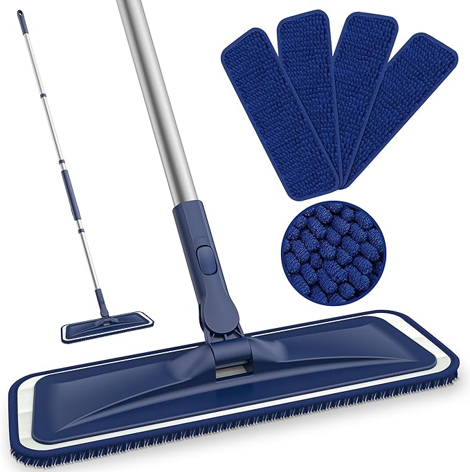 Microfibre Mops for Cleaning Floors - BPAWA 150cm Flat Floor Mop with 4 Washable Pads Reusable Chenille Wet Dry for Mopping Dust Hard Wood Laminate Vinyl Tile Wooden Small Bathroom Kitchen Walls
